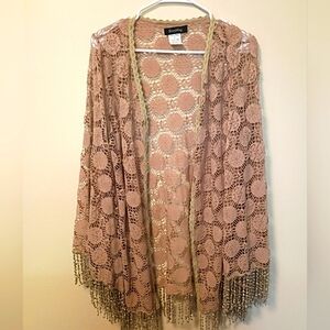 Sassy Bling Women's Vtg  XL Crochet Bell Sleeve‎ Kimono Style Lace Trim Cardigan